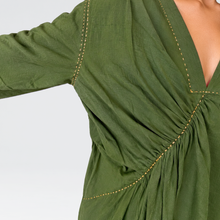 Load image into Gallery viewer, Side Drop Gather Mehendi Green Hand Embroidered Big Flower Dres
