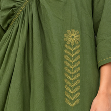 Load image into Gallery viewer, Side Drop Gather Mehendi Green Hand Embroidered Big Flower Dres
