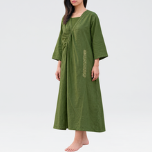 Load image into Gallery viewer, Side Drop Gather Mehendi Green Hand Embroidered Big Flower Dres
