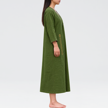 Load image into Gallery viewer, Side Drop Gather Mehendi Green Hand Embroidered Big Flower Dres
